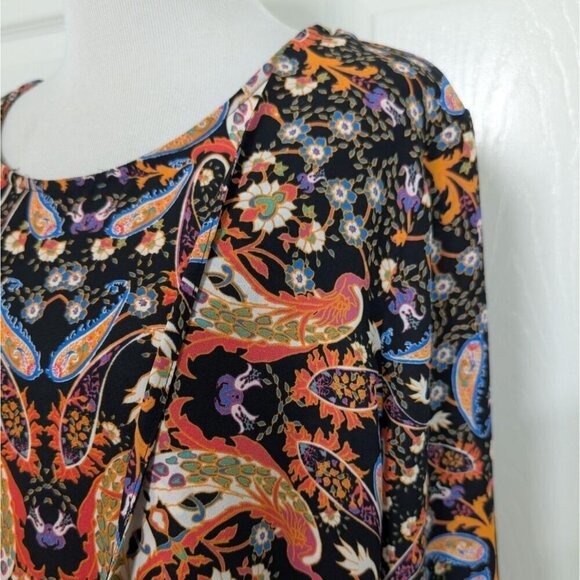 Belle & Sky Bird Paisley Blouse Womens Size Large Black Knotted Tie Front - Picture 2 of 14